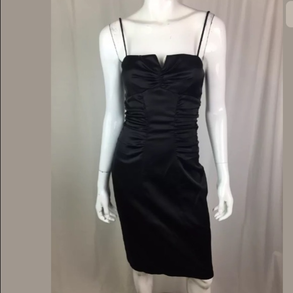 Stretch Satin Puff Sleeve Ruched Bodycon Black